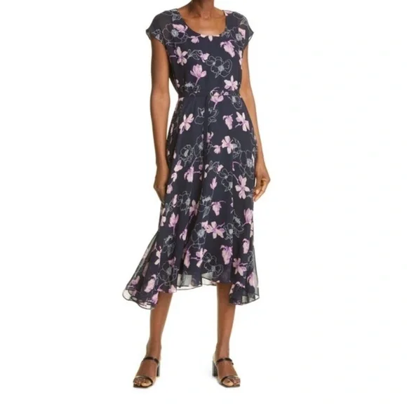 CLUB MONACO Purple Floral Silk Cocktail Flowy Belted Midi Dress