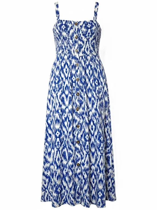 Cupshe Ruffle My Feathers Blue White Geo Print Button Front Maxi Dress Small