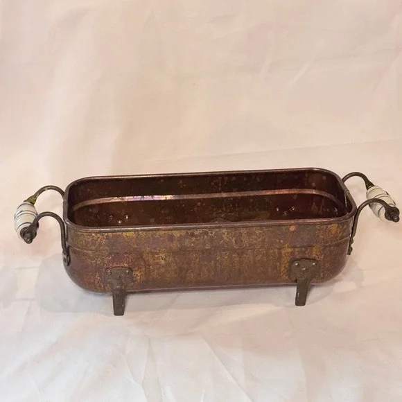 Vintage Footed Copper Brass Jardiniere Planter Pot Delft Porcelain Handles Farm