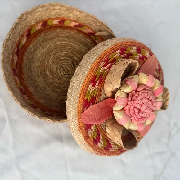 Handcrafted Pink and Tan Woven Basket / tortilla basket