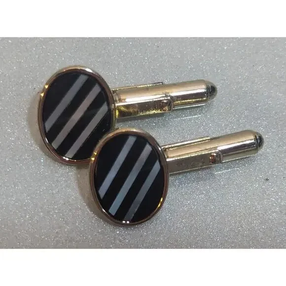 Vintage Cufflinks Black Onyx With Mother Of Pearl Stripes