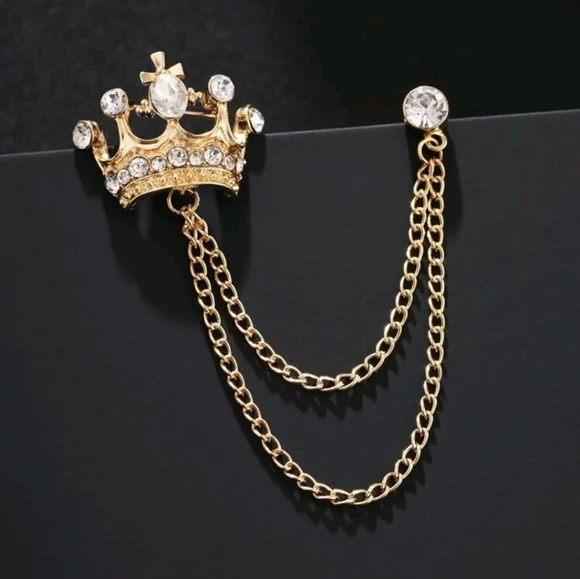 Crown Gold Tone With Rhinestones Unisex Chained Decor Brooch