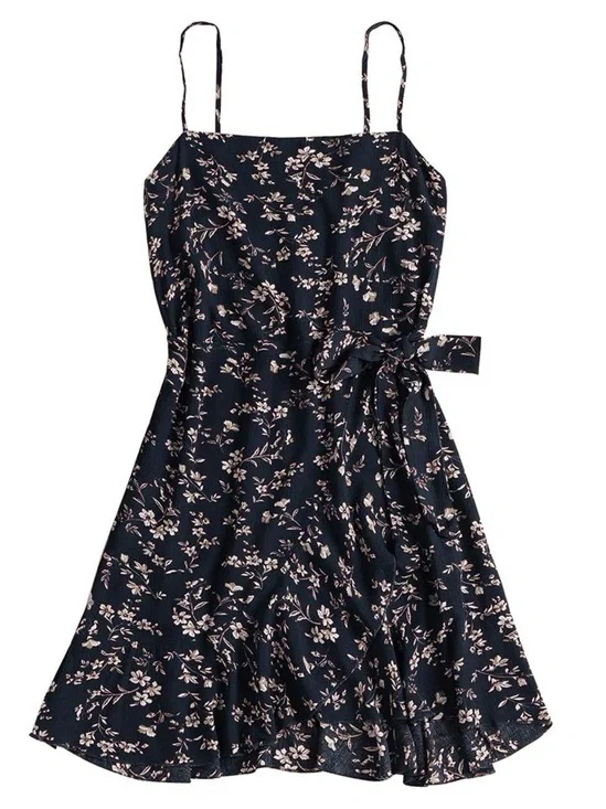 Zaful Navy Floral Spaghetti-Strap Dress with Blush Accents and Tie waist closure