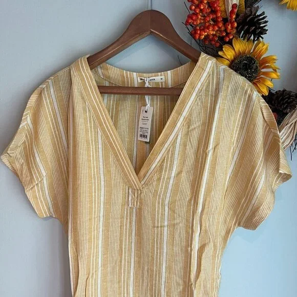 Marine Layer Bali TUnic Dress Extra Large in Gold Shadowy Stripe Linen Blend