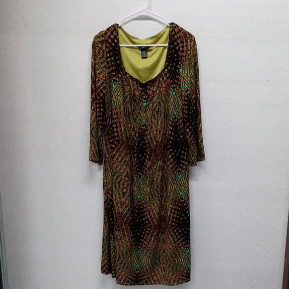 Glamour Long Sleeve Dress with Green and Brown Pattern