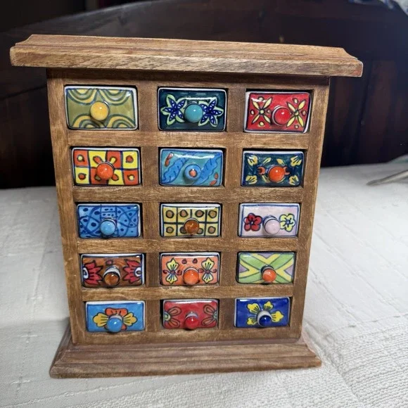 Natural Wooden Spice Masala Box made in India, 15 Assorted Ceramic Drawers