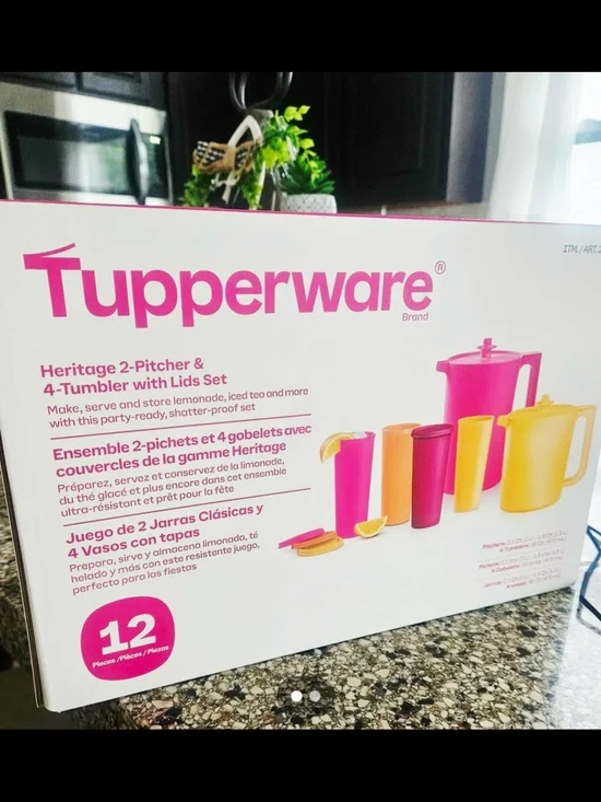 Tupperware Pink and Yellow Heritage 2-Pitcher & 4-Tumbler Set