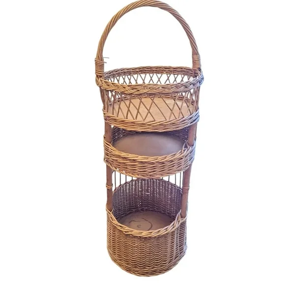 Mid 20th-Century Cottage Chic Bamboo & Willow Tiered Round Storage Basket Tower