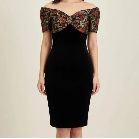 Scott McClintock Vintage 90's Black Velvet Cocktail Dress 6 Off Shoulder Jaquard