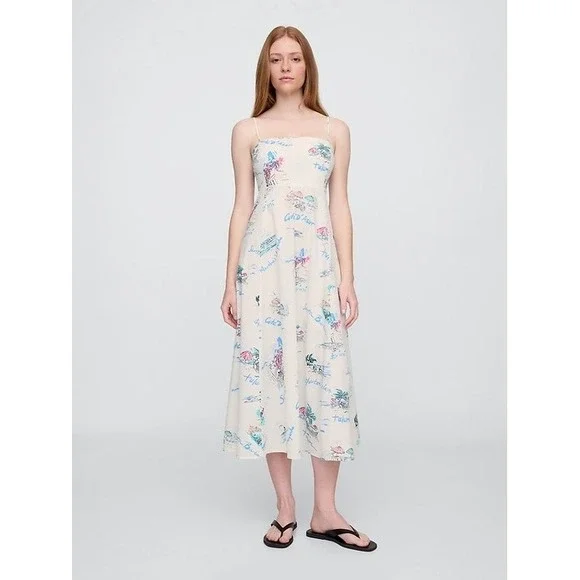 New Gap Dress Medium Fit & Flare Midi Vacationland White Spaghetti Strap Cotton