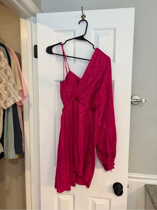 Topshop One Shoulder Leopard Dress US 6 Fuchsia NWT