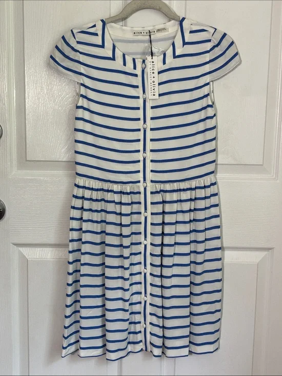 NEW NWT Alice + Olivia Blue White Striped York Button-Front Dress 100% Viscose