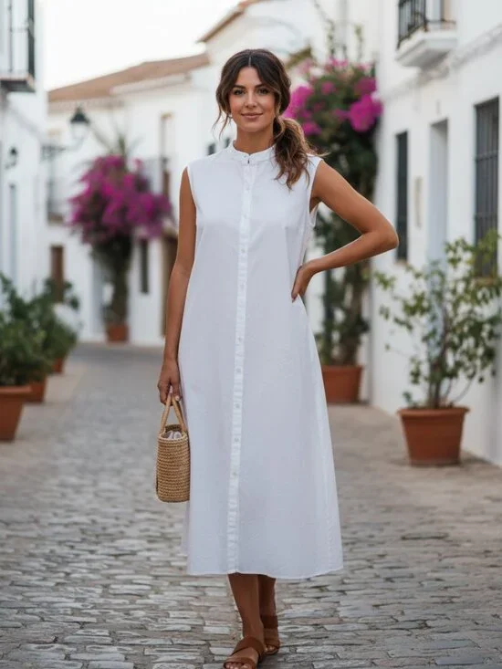 Organic Cotton Sleeveless Button Front Dress White, Label removed