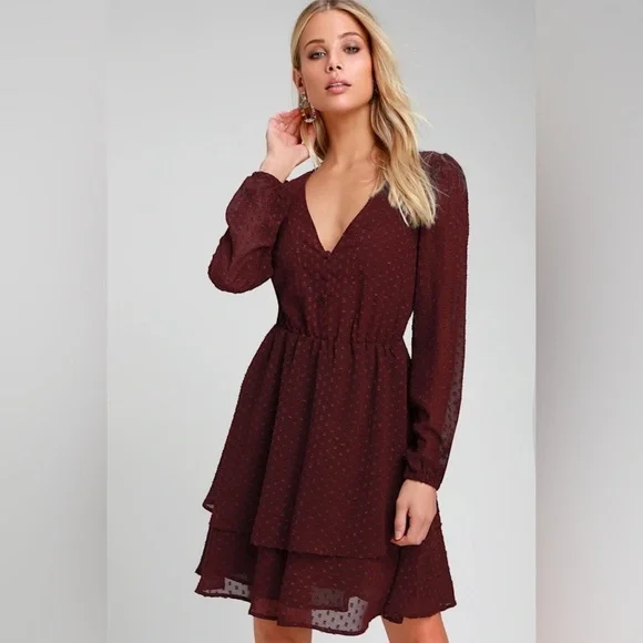 NWT Lulus Brilliant Love Burgundy Swiss Dot Long Sleeve Skater Dress Size Small