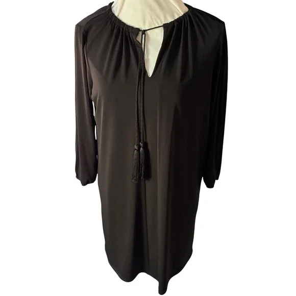 Y2K Michael Kors Black Tassel Tie Long Sleeve Shift Dress SZ M‎ holiday party