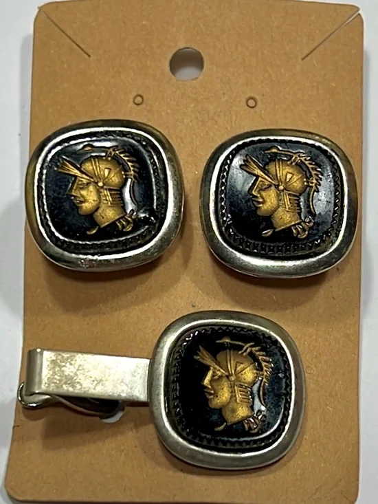 Vintage Tie Clip and Cufflinks Trojan Warrior Intaglio Black Gold .75