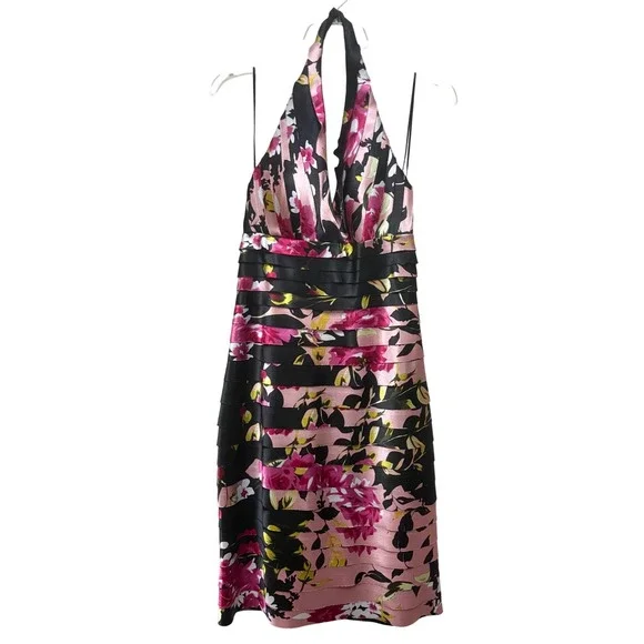 JS Collections Petite Floral Striped Halter Tiered Cocktail Dress Pink Black 4P
