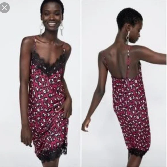 Zara Red/Black Leopard Print Spaghetti Strap Dress Size Medium NWT