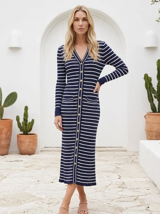 Nicole Miller Navy and White Striped Button-Front Knit Dress