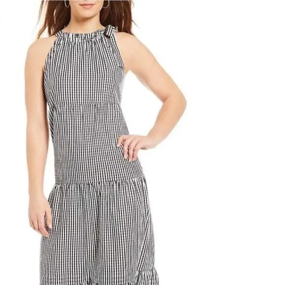 Maggy London Gingham Tied Tiered Halter Dress