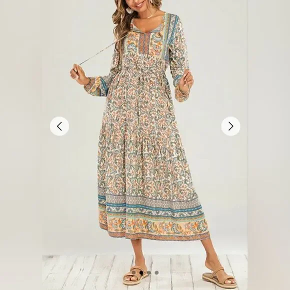Hey Samy Smock Midi Dress In Blue & Mint Mixed Floral Printed Size M