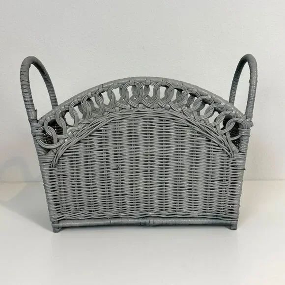 Vintage Wicker Magazine Holder Painted Grey
