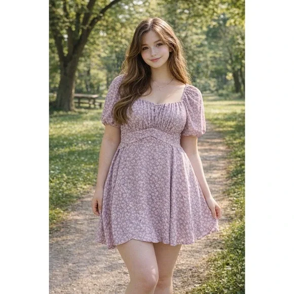 Arula Raella Purple Floral Puff Sleeve Mini Dress Square Neck Cottagecore Size X