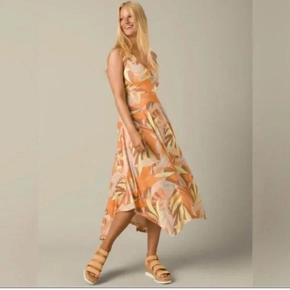 Prana Womens XS Saxon Dress V Neck Orange‎ Sundress
