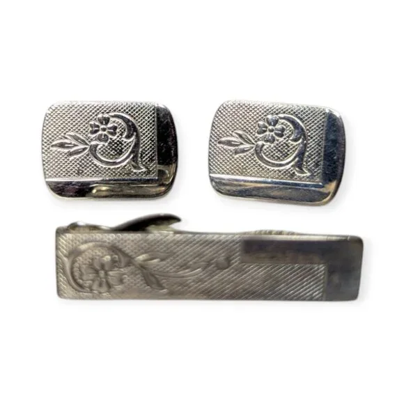 Vintage Cuff Links & Tie Clip Set Mid Century Mod Silver Tone Accessory Formal