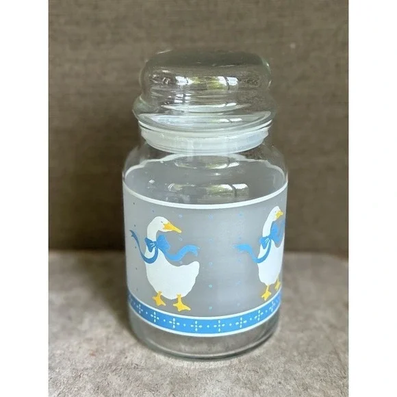 Vtg Storage Canister Jar Libbey Glass Goose with Blue Ribbon Frosted 7
