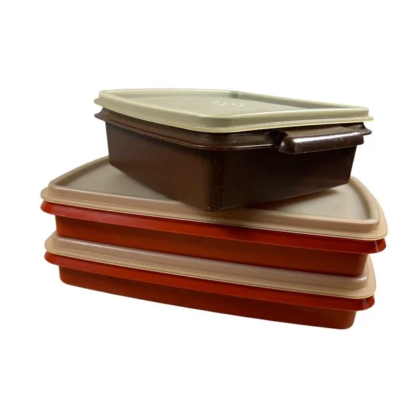 Vintage Tupperware Set Burnt Orange Brown‎ Bacon Deli Meat Keepers 3pc 794 1242