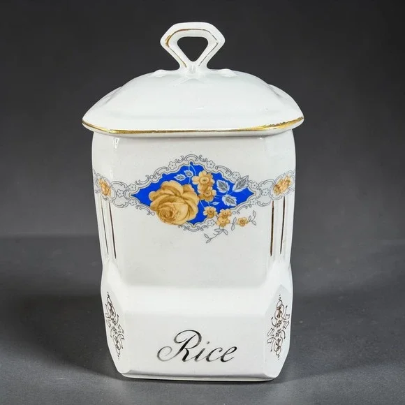 Victoria China Czechoslovakia Rice Canister Vintage Porcelain Blue Rose Floral