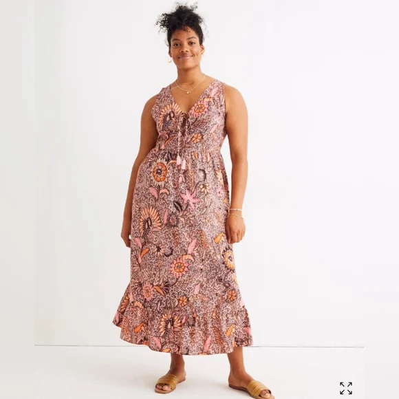 NWOT MADEWELL Petite Lace-Up Ruffle-Hem Midi Dress in Bali Blooms 14