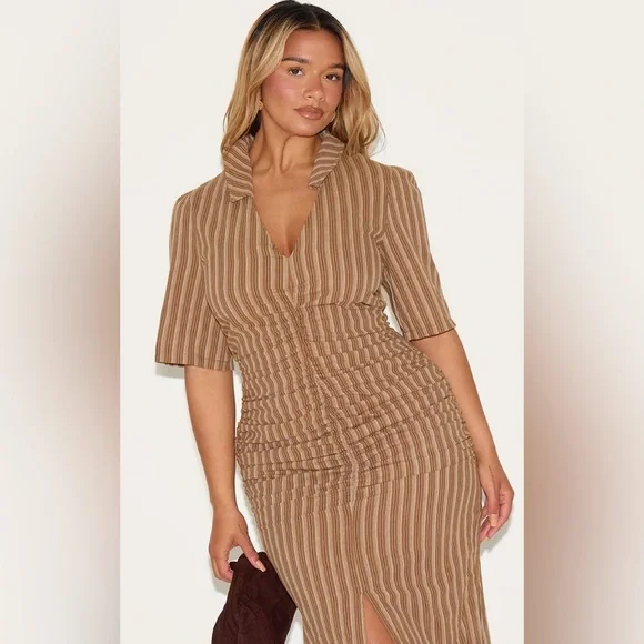 PrettyLittleThing Brown Striped Ruched Front Collared Split Front Maxi Dress