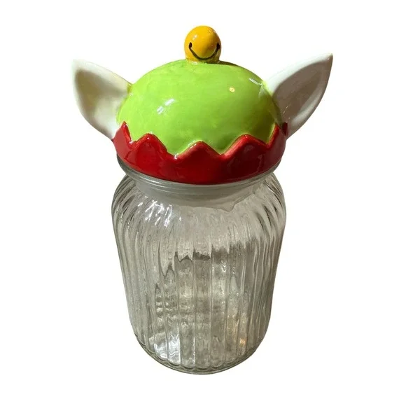 Elf Cookie Jar Candy Storage Glass Apothecary Jar Ceramic Lid