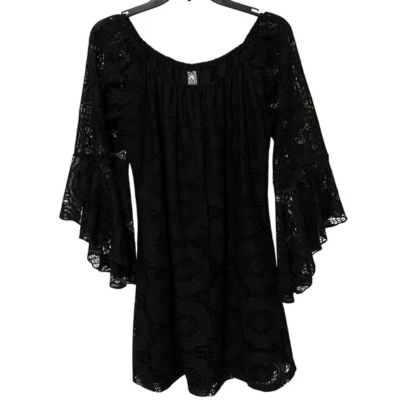 Black‎ Lace Boho Gypsy Bell Sleeve Mini Dress L Dark Feminine Romantic Made USA