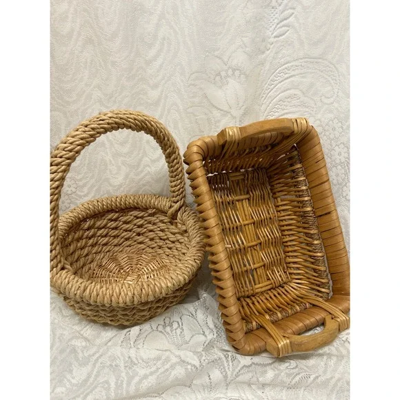 Vintage Woven Wicker Basket Set Round Rope Handle‎ and Rectangular Wood Handle
