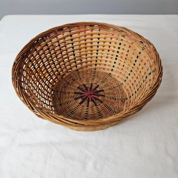 Vtg Woven Wicker Basket Round Bowl Boho County Red Black Striped 7.5