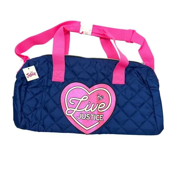 Live Justice Pink Blue Quilted Duffel Gym Dance Bag NWT 18x10x8