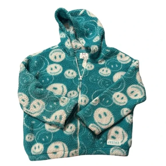 Justice‎ Turquoise Fleece Hoodie with White Smiley Faces