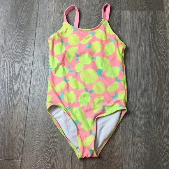 Justice Girls Lemon Print One Piece Swimsuit Yellow Pink Size 12
