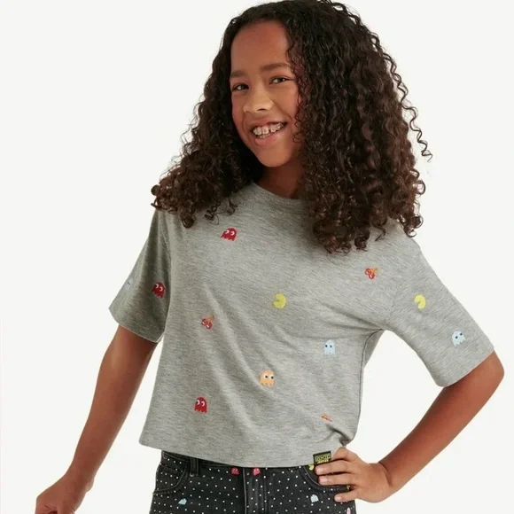 Justice Gray Graphic Tee with PAC-MAN‎ Icons! NWT! Size M!