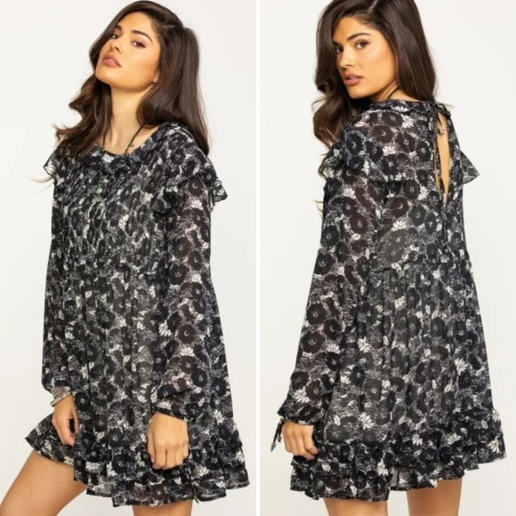 Free People These Dreams black floral mini dress long sleeve Women's Size XS
