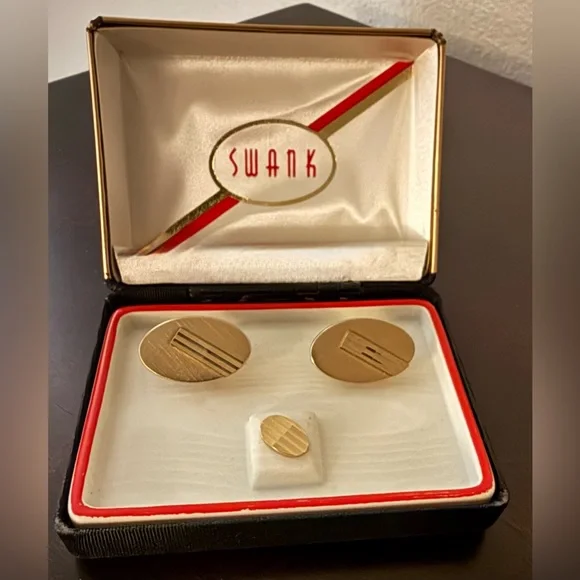 Vintage SWANK Deluxe Cufflinks & Tie Pin Set | Gold Tone | Original Box | NIB