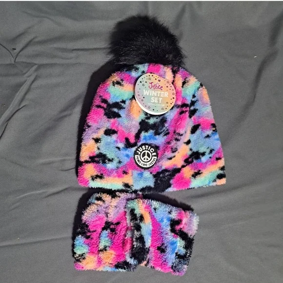 NWT Justice Fleece Winter Set Hat‎ and Gloves Colorful Rainbow