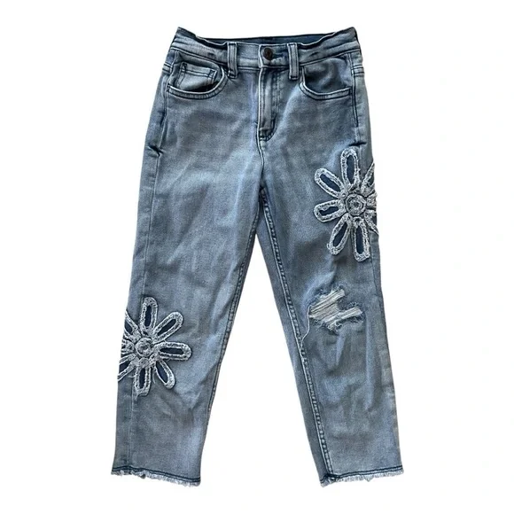 Justice Girls Flower Patch Distressed Jeans Size 8 Cropped Raw Hem
