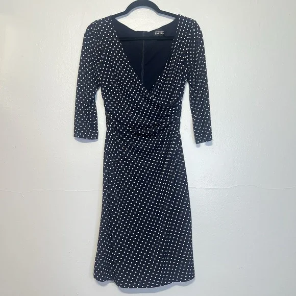 Adrianna Papell Dress Sz 8 Polka Dot‎ Ruched Slimming Blue White Preppy Career