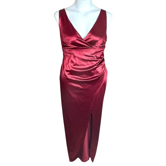 Emerald‎ Sundae Red Satin Plus 14 Slit Prom Formal Gown Dress Surplice