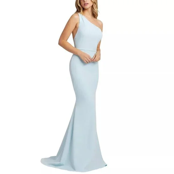 NWT IEENA for MAC DUGGAL One Shoulder Mermaid Gown Powder Blue 8 ZMSRP $300