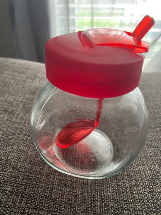 Clear Glass Honey Jar with Red Lid and Spoon